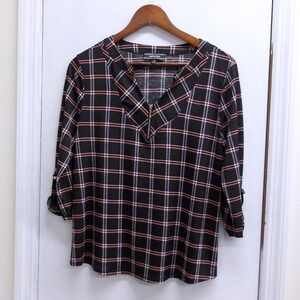 Corvia Women Plaid 3/4 Sleeve Zip Neck Casual Shirt Top Size M / #1336